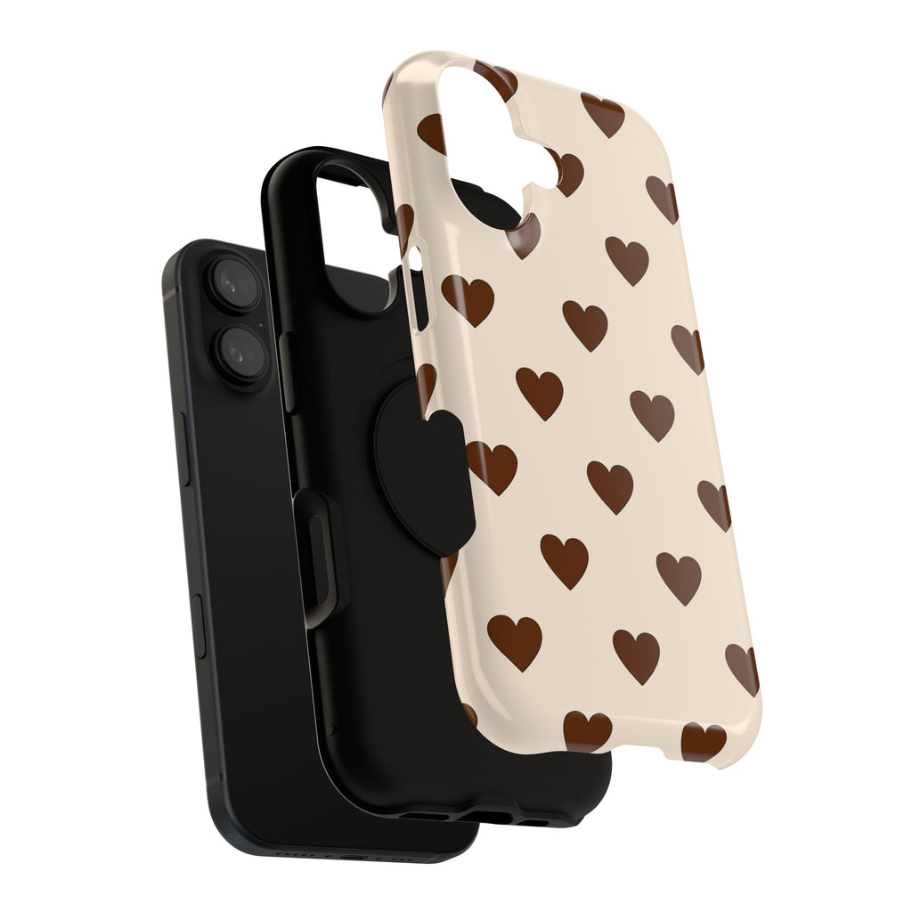 Impact-Resistant Phone Case — Brown Heart Pattern on Beige