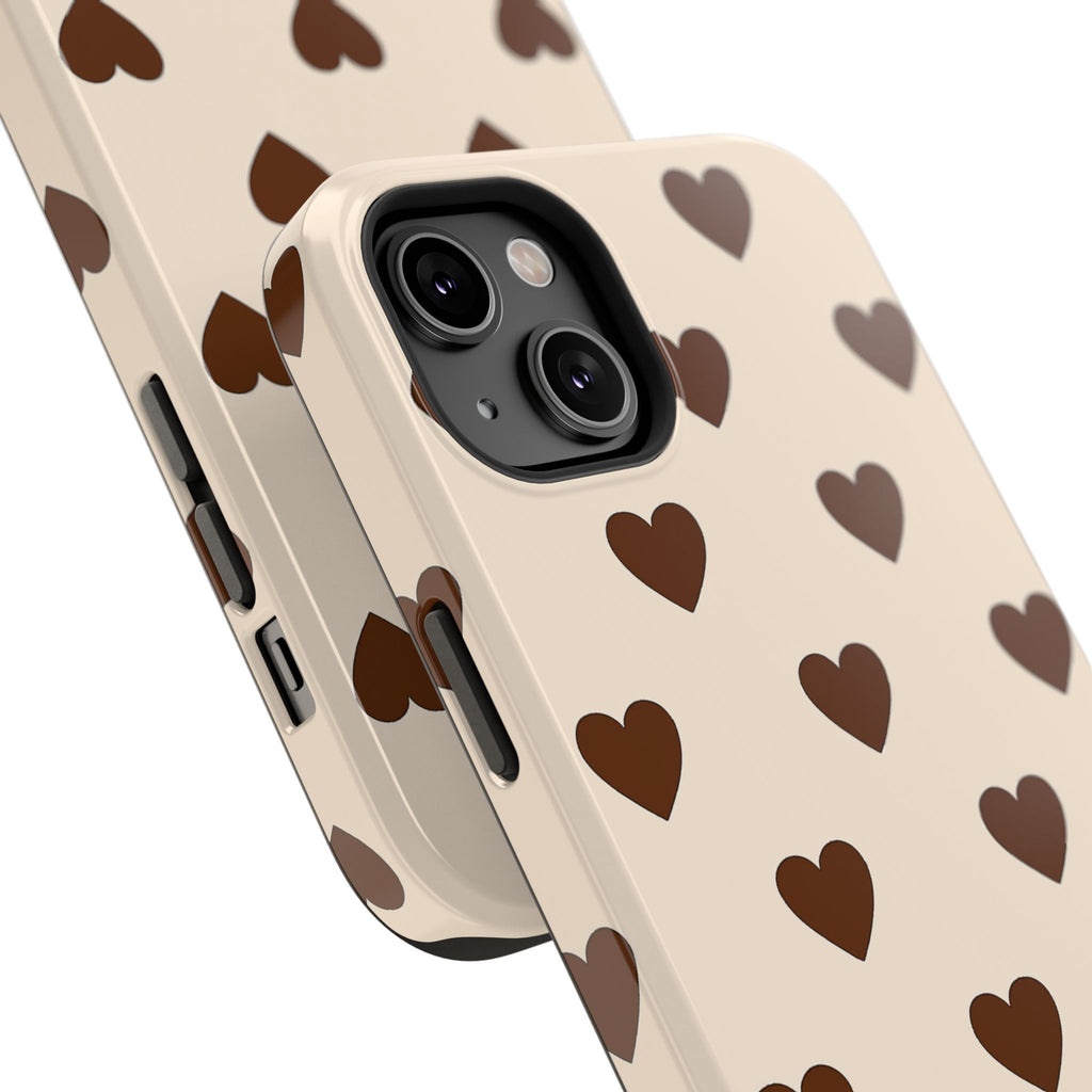 Impact-Resistant Phone Case — Brown Heart Pattern on Beige