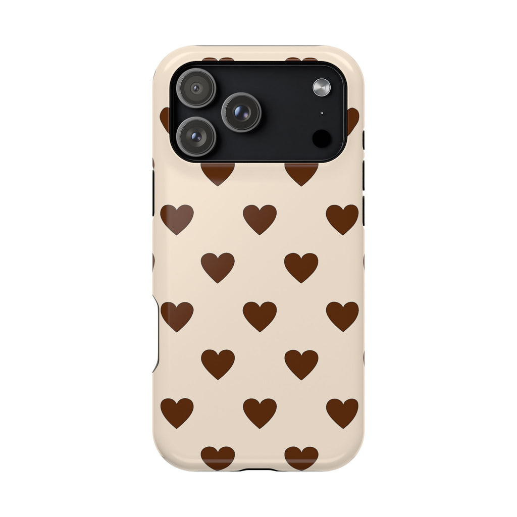 Impact-Resistant Phone Case — Brown Heart Pattern on Beige