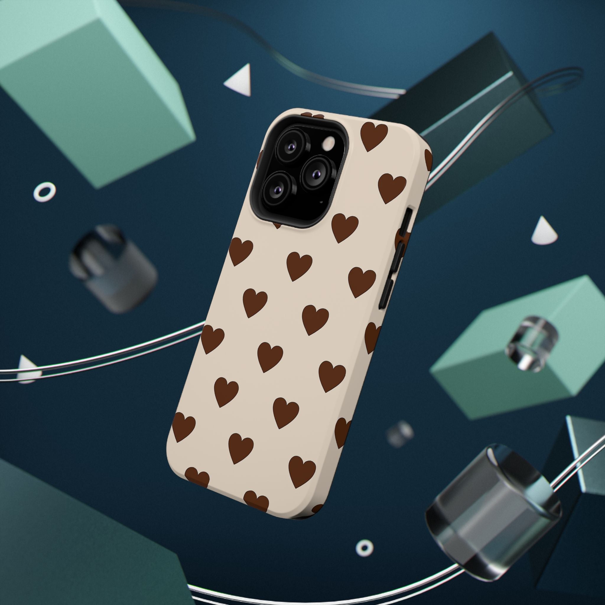 Impact-Resistant Phone Case — Brown Heart Pattern on Beige