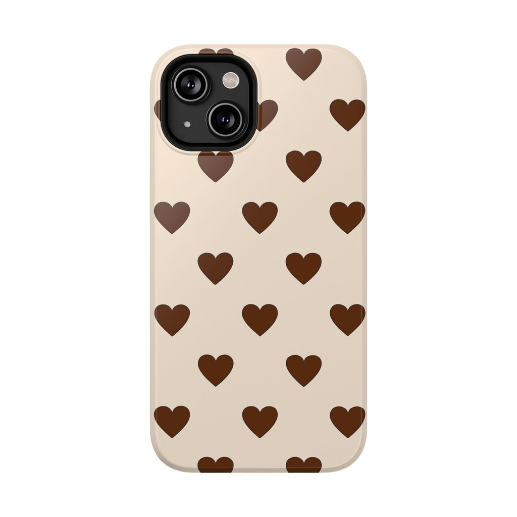 Impact-Resistant Phone Case — Brown Heart Pattern on Beige