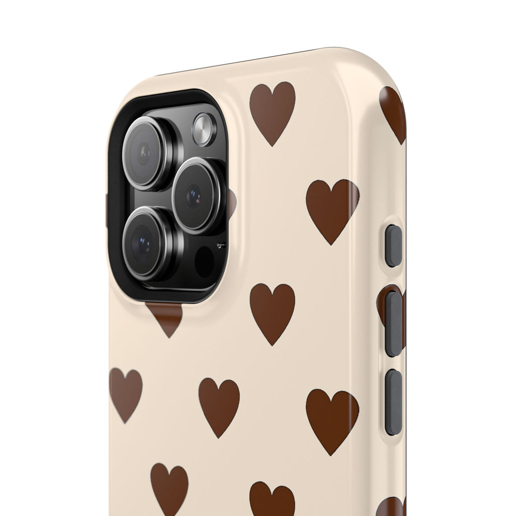 Impact-Resistant Phone Case — Brown Heart Pattern on Beige