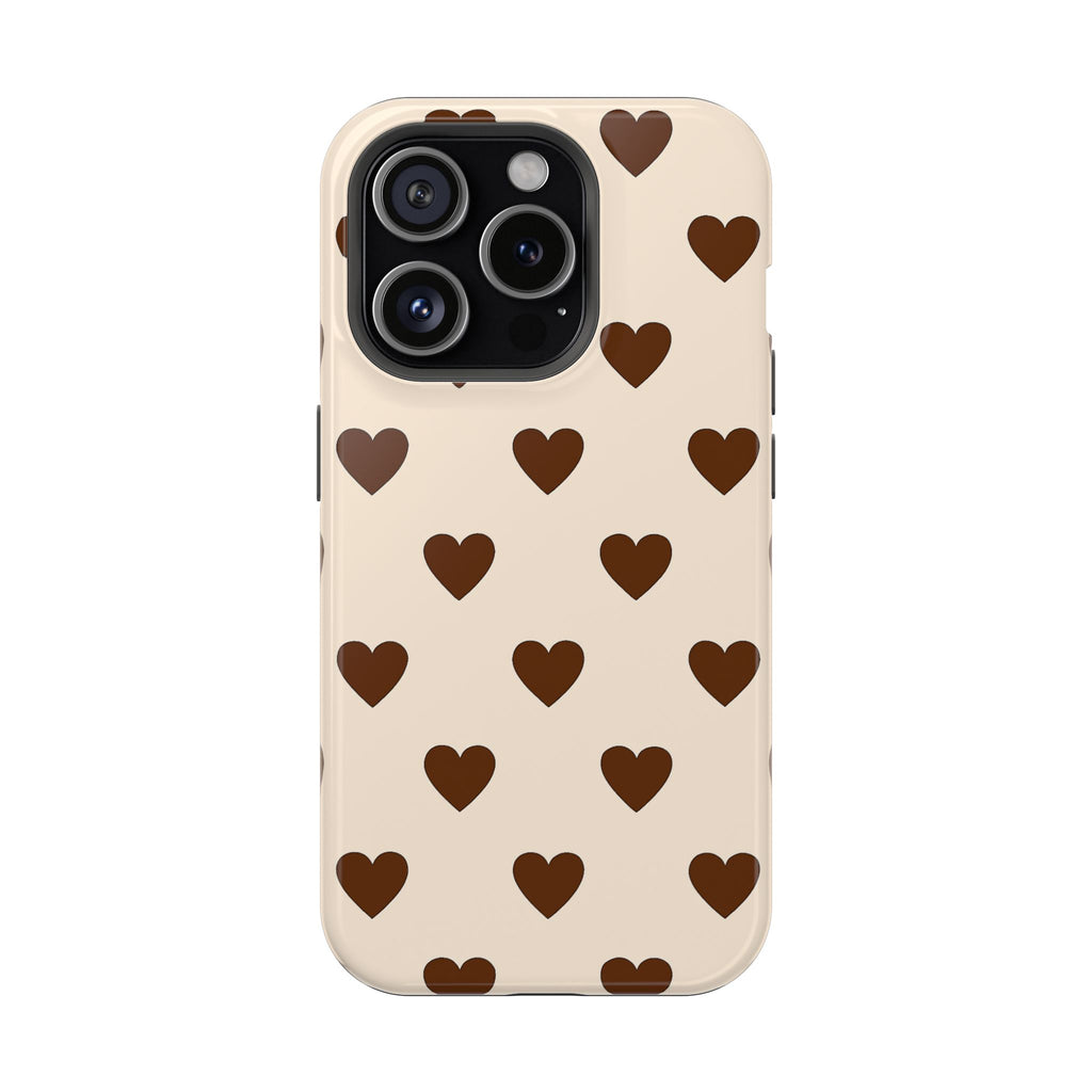 Impact-Resistant Phone Case — Brown Heart Pattern on Beige