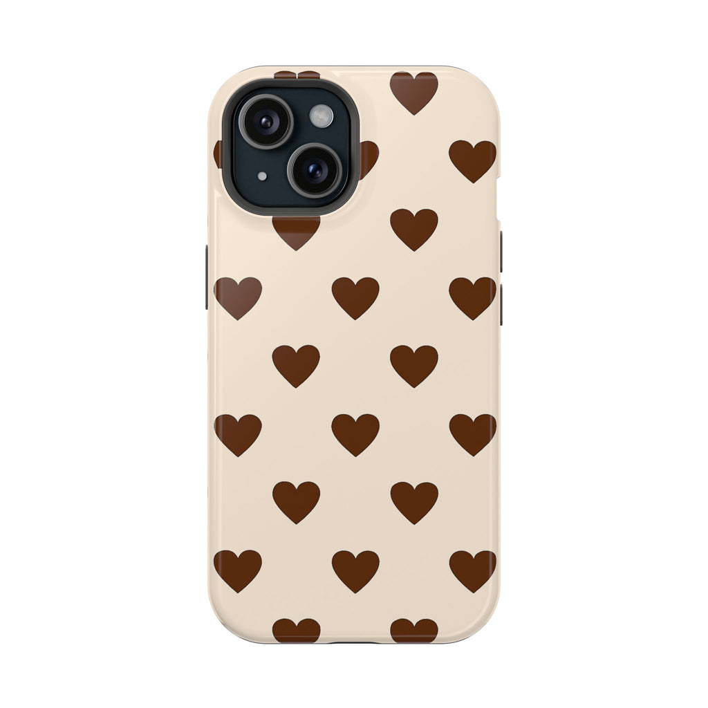 Impact-Resistant Phone Case — Brown Heart Pattern on Beige