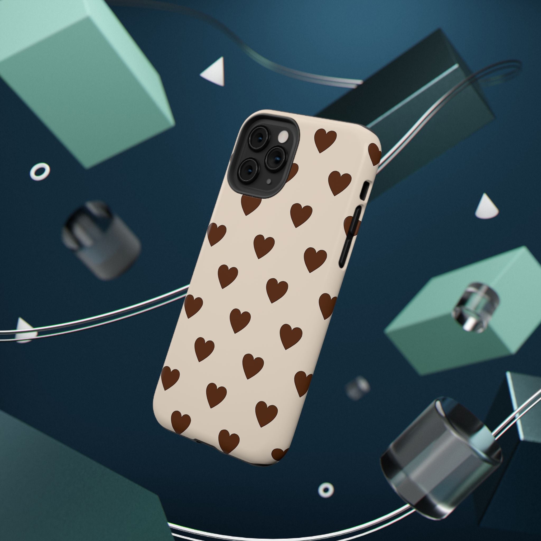 Impact-Resistant Phone Case — Brown Heart Pattern on Beige