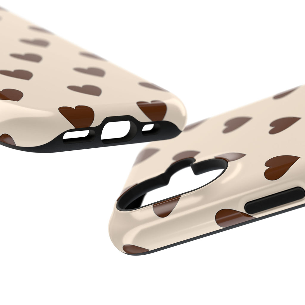 Impact-Resistant Phone Case — Brown Heart Pattern on Beige