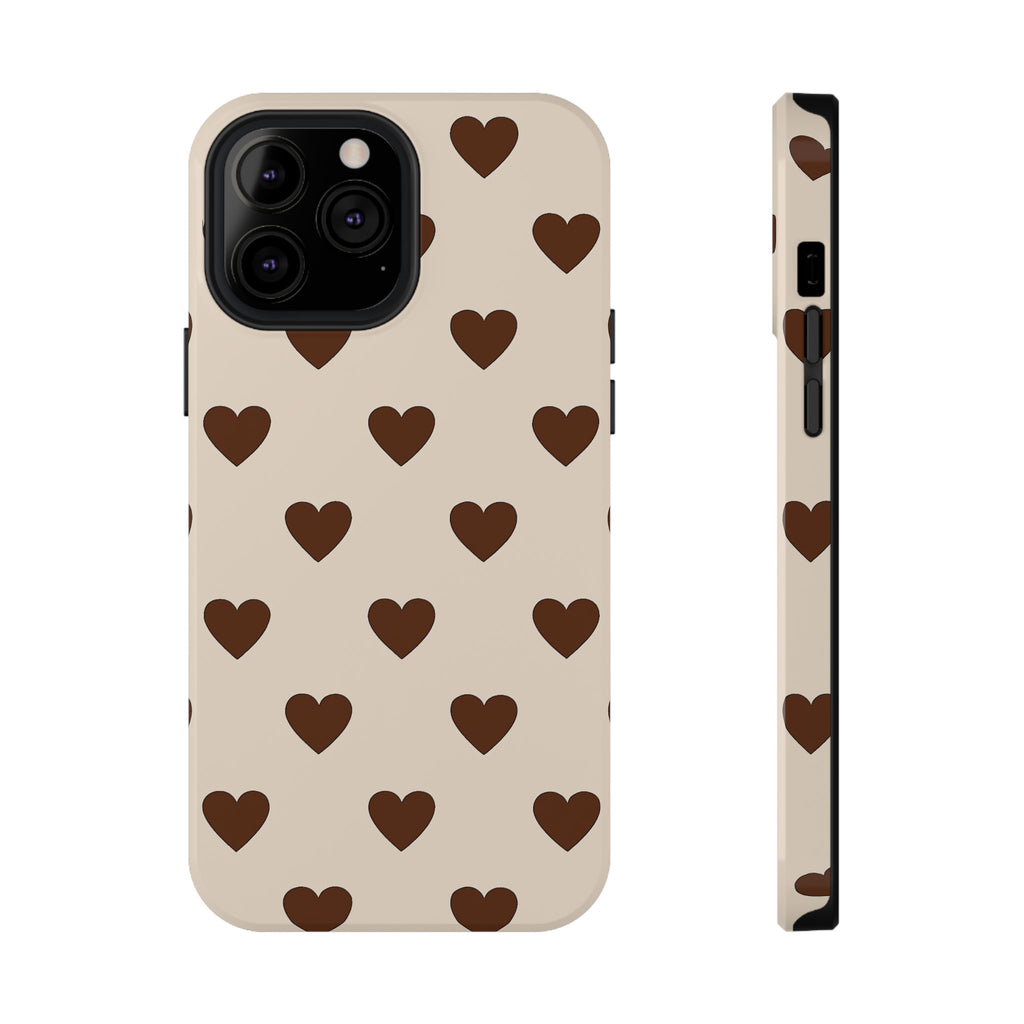 Impact-Resistant Phone Case — Brown Heart Pattern on Beige