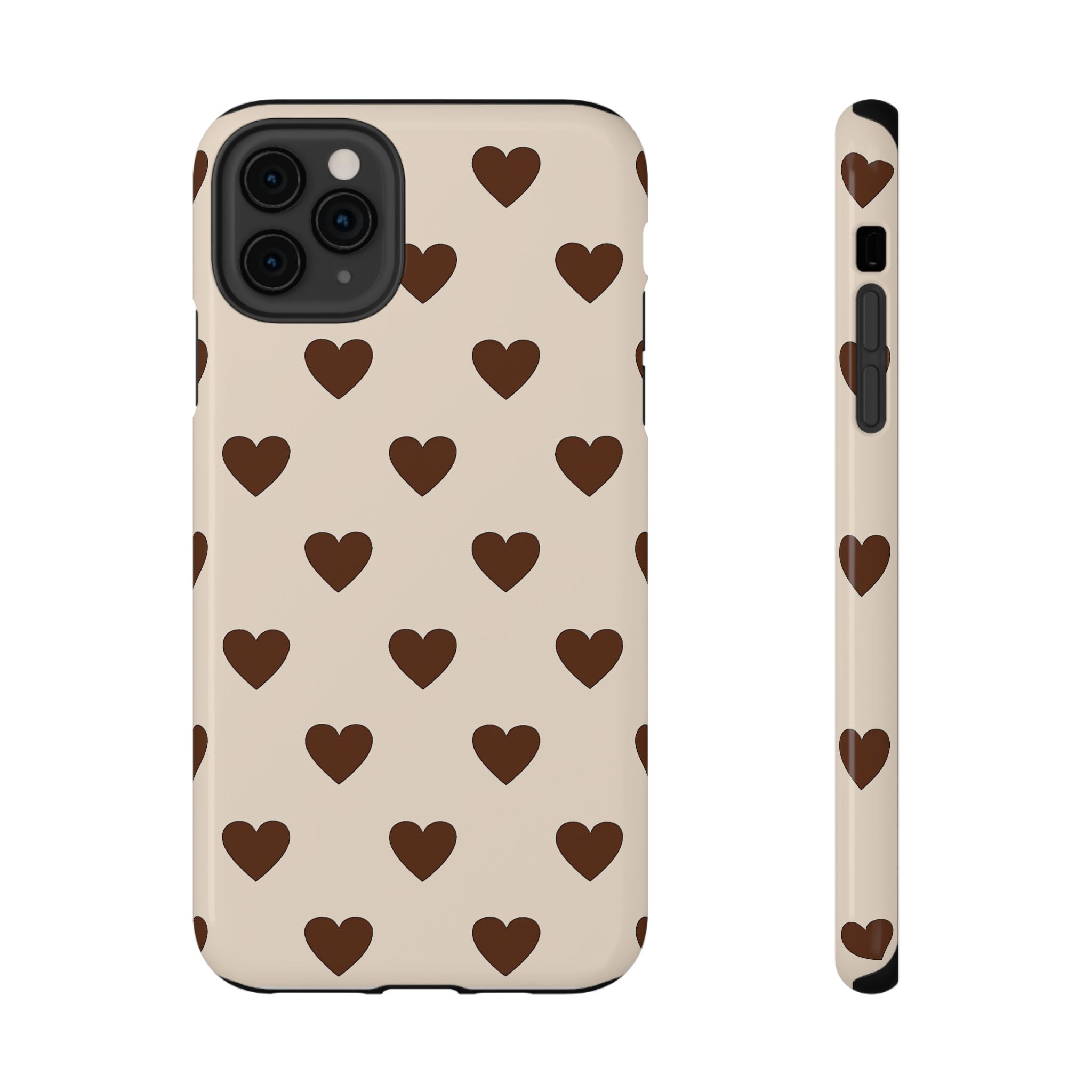 Impact-Resistant Phone Case — Brown Heart Pattern on Beige