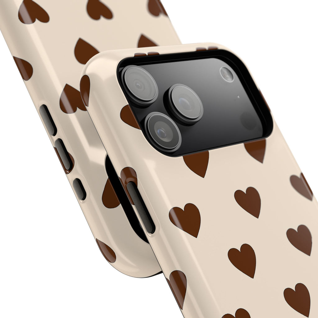 Impact-Resistant Phone Case — Brown Heart Pattern on Beige