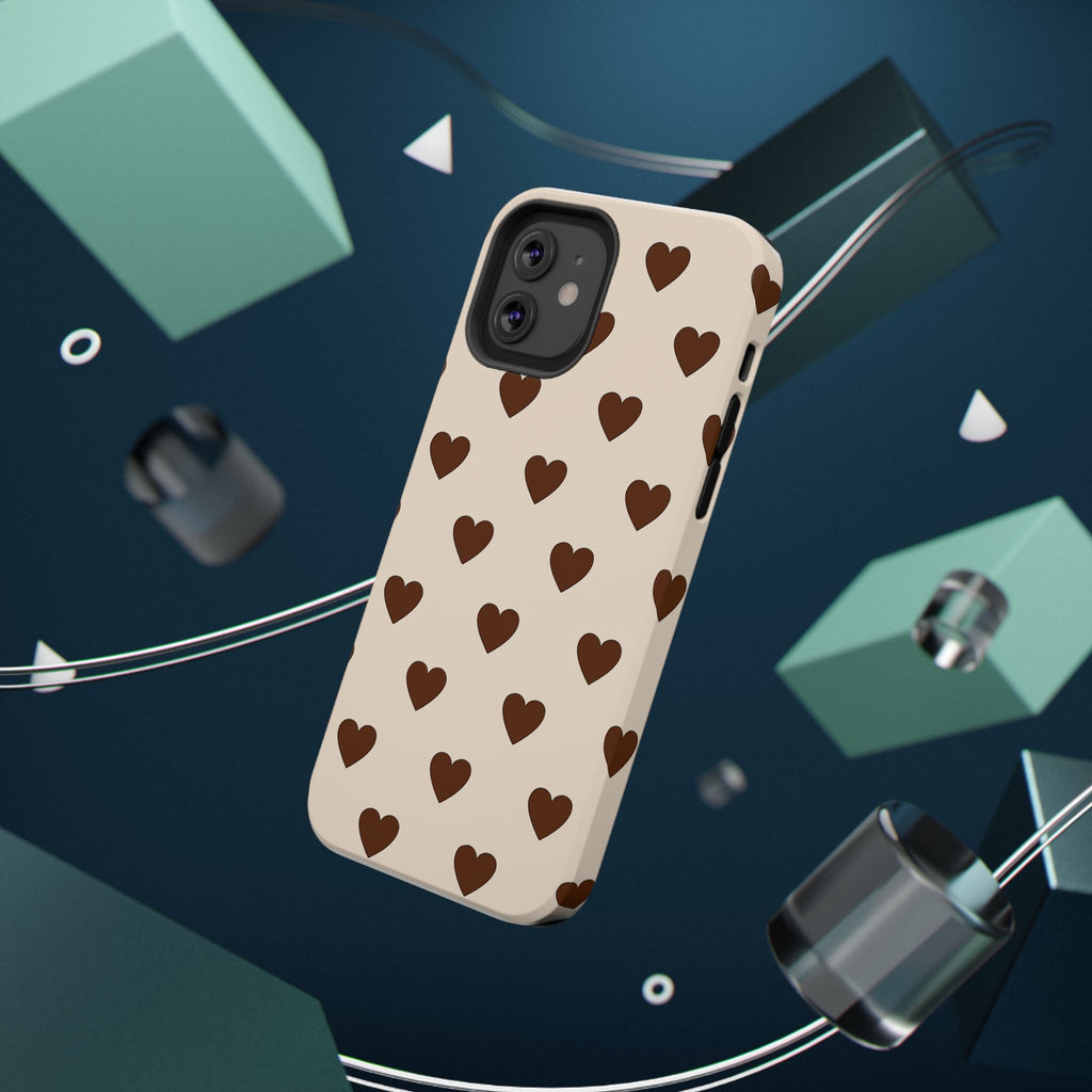 Impact-Resistant Phone Case — Brown Heart Pattern on Beige