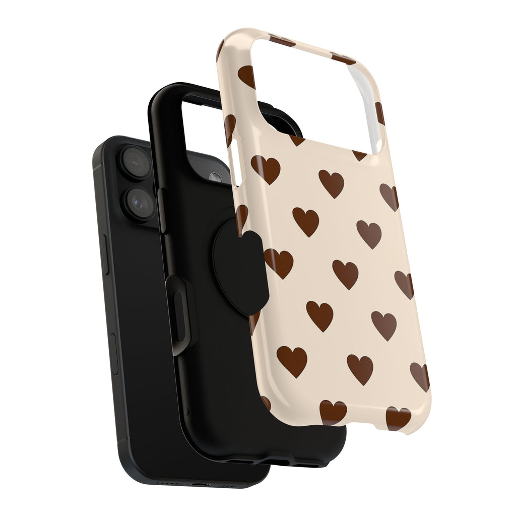 Impact-Resistant Phone Case — Brown Heart Pattern on Beige