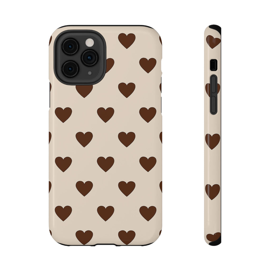 Impact-Resistant Phone Case — Brown Heart Pattern on Beige