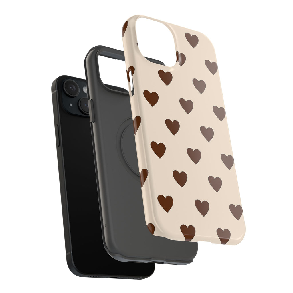 Impact-Resistant Phone Case — Brown Heart Pattern on Beige
