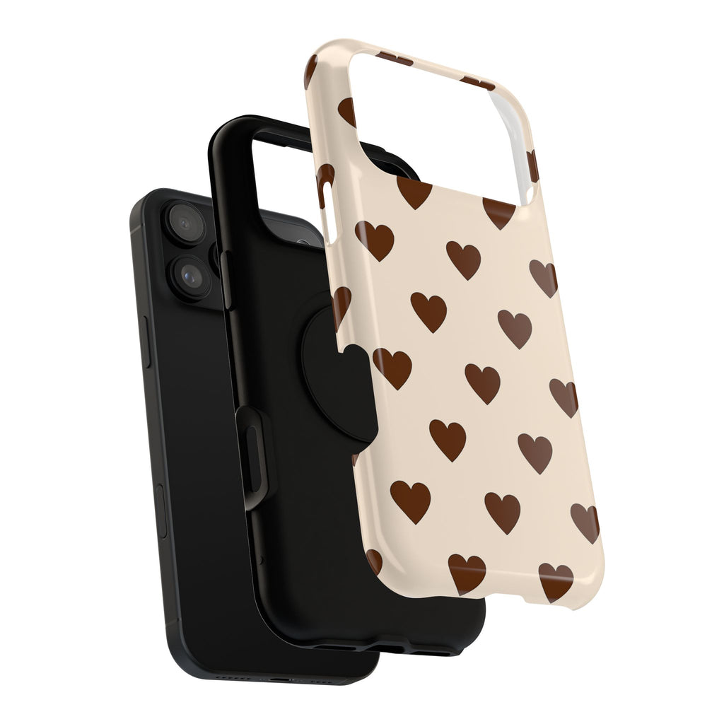 Impact-Resistant Phone Case — Brown Heart Pattern on Beige