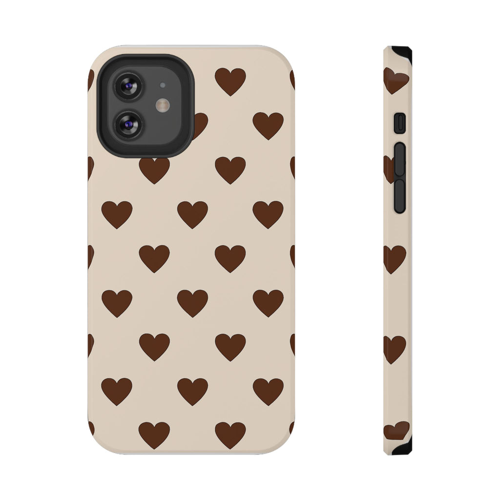 Impact-Resistant Phone Case — Brown Heart Pattern on Beige
