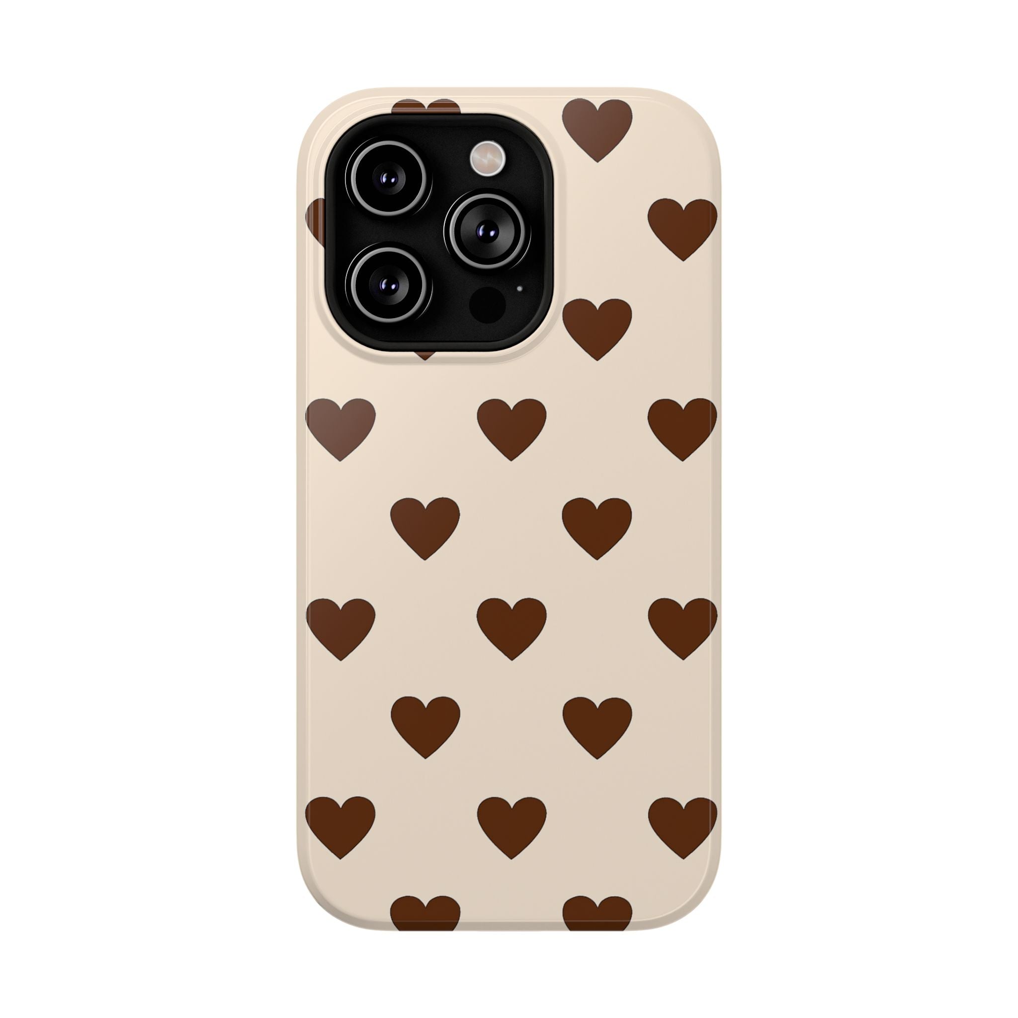 Impact-Resistant Phone Case — Brown Heart Pattern on Beige