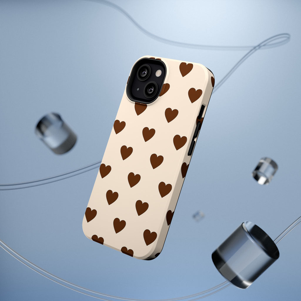 Impact-Resistant Phone Case — Brown Heart Pattern on Beige