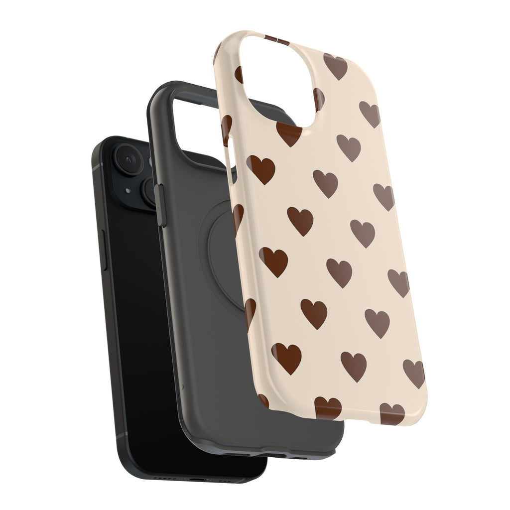 Impact-Resistant Phone Case — Brown Heart Pattern on Beige