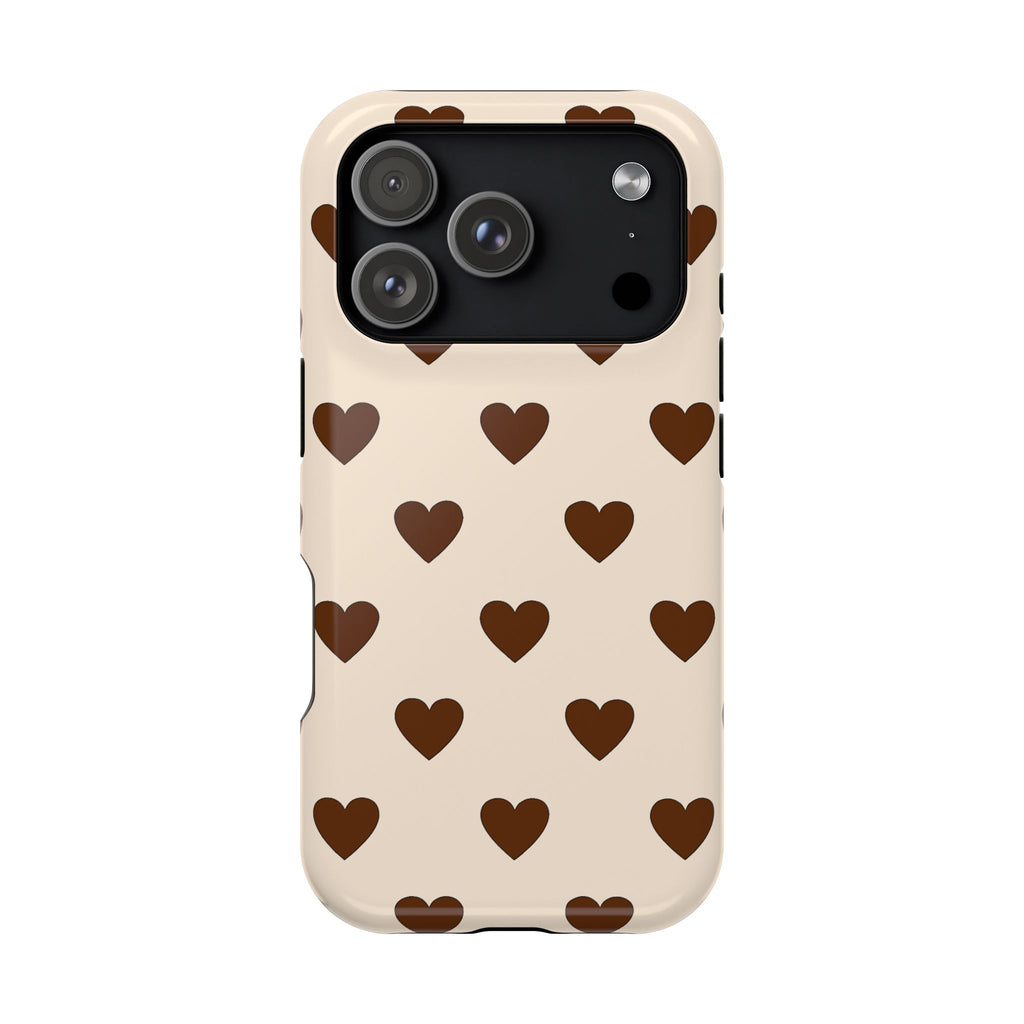 Impact-Resistant Phone Case — Brown Heart Pattern on Beige