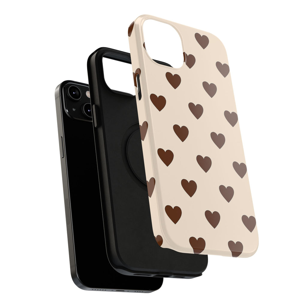 Impact-Resistant Phone Case — Brown Heart Pattern on Beige