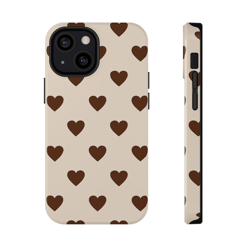 Impact-Resistant Phone Case — Brown Heart Pattern on Beige