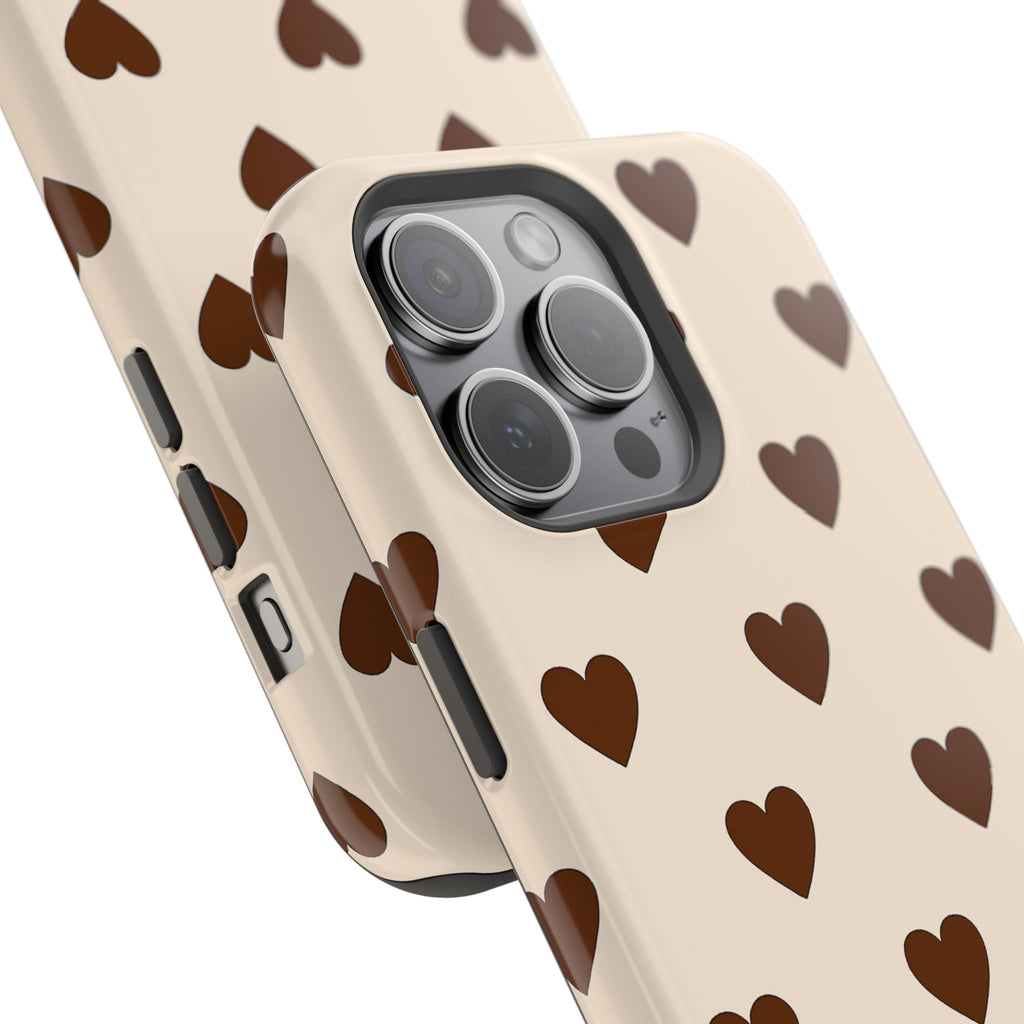 Impact-Resistant Phone Case — Brown Heart Pattern on Beige