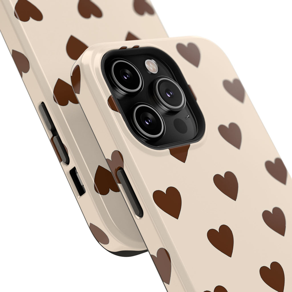 Impact-Resistant Phone Case — Brown Heart Pattern on Beige
