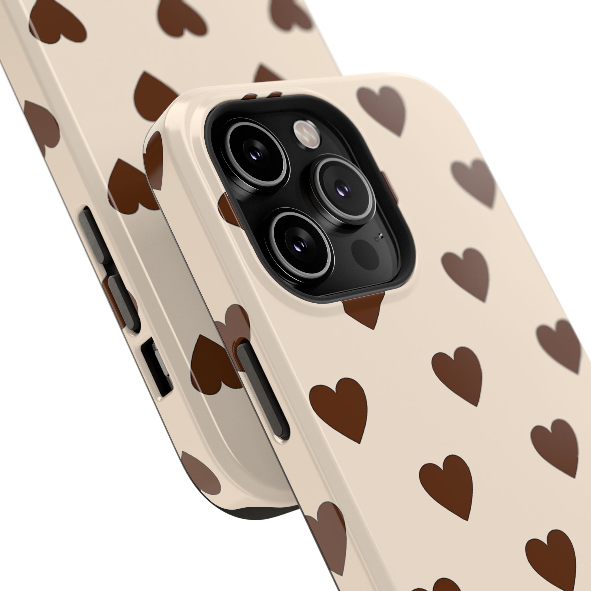 Impact-Resistant Phone Case — Brown Heart Pattern on Beige