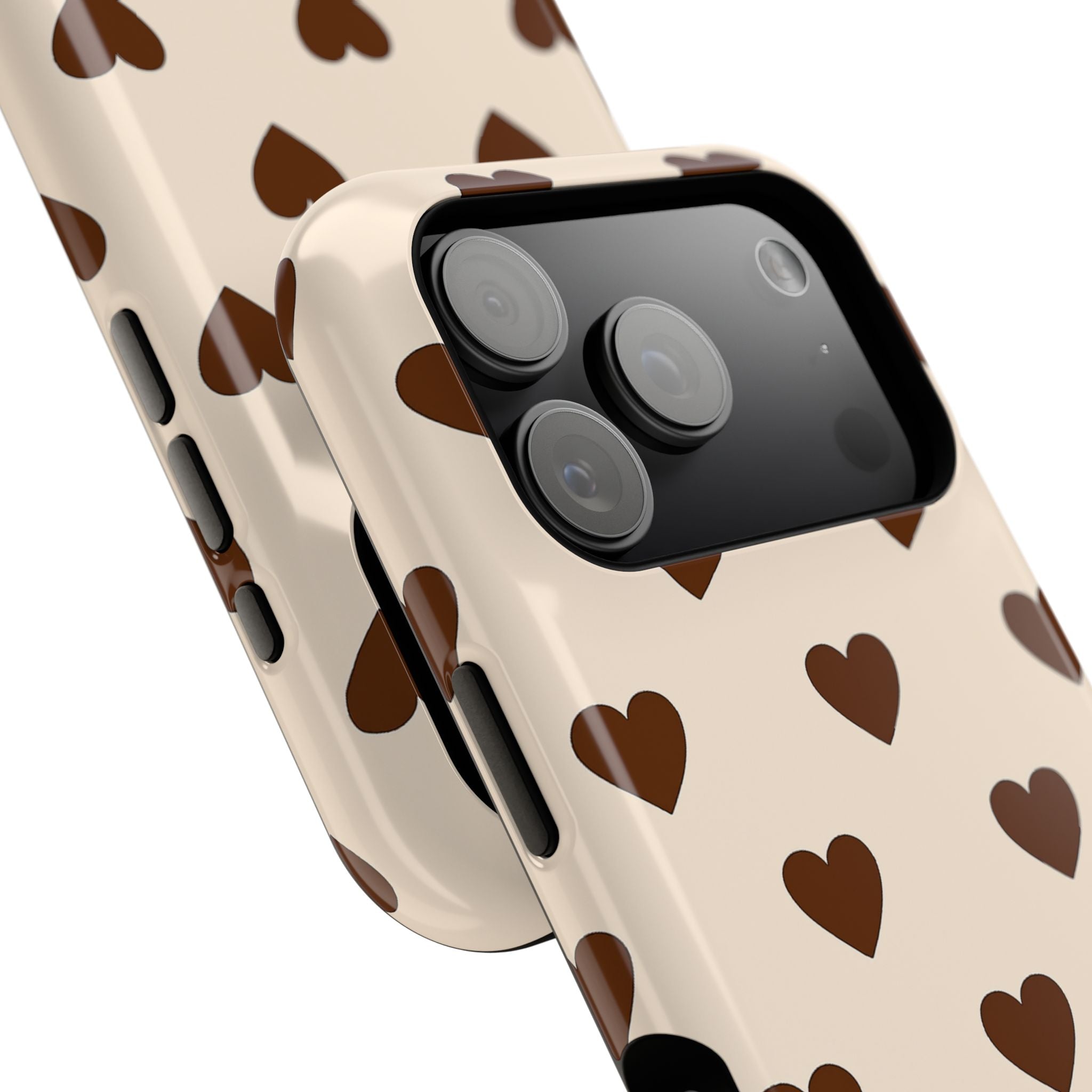 Impact-Resistant Phone Case — Brown Heart Pattern on Beige
