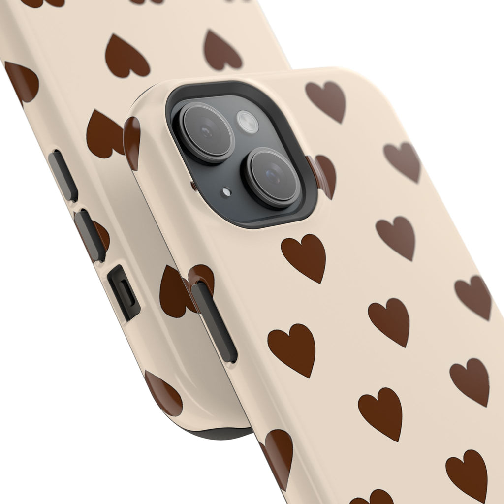 Impact-Resistant Phone Case — Brown Heart Pattern on Beige
