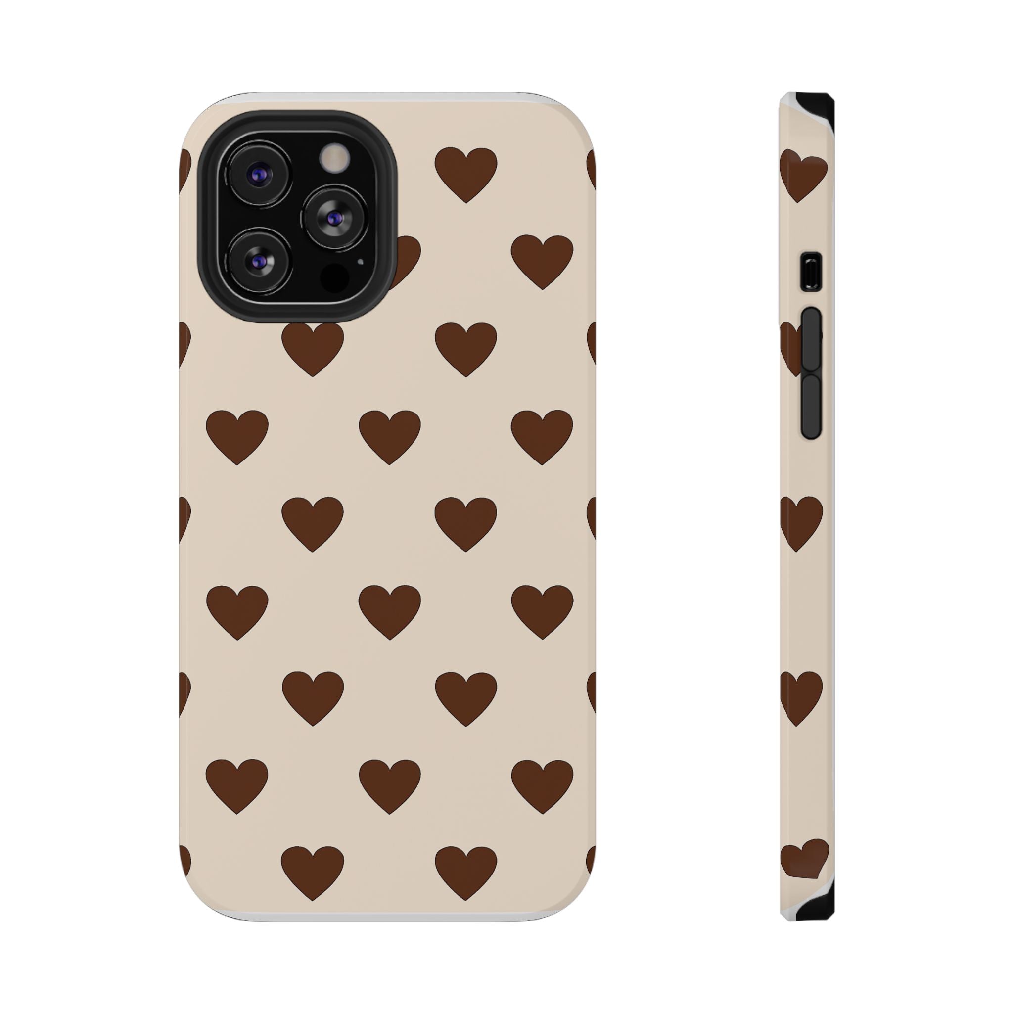 Impact-Resistant Phone Case — Brown Heart Pattern on Beige