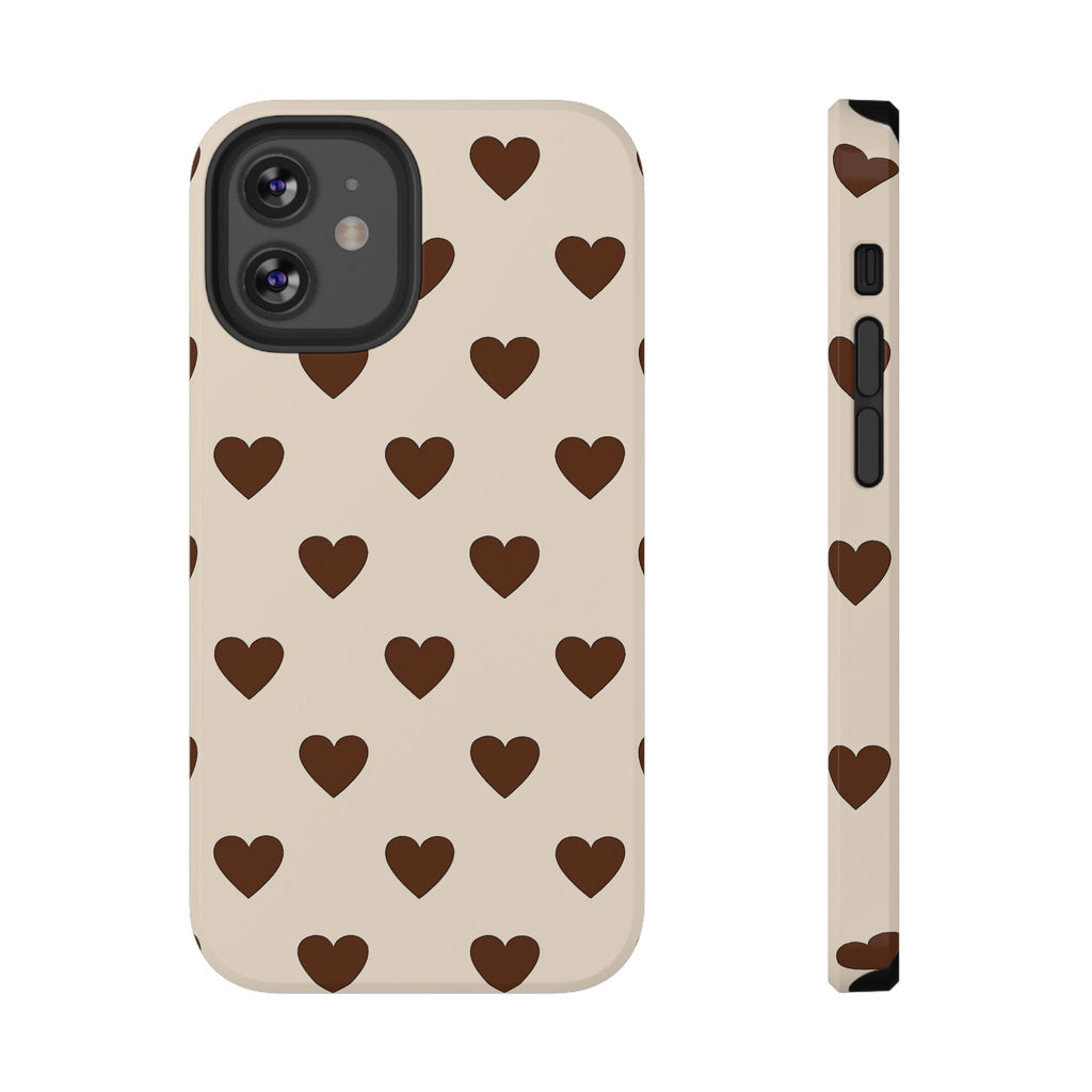 Impact-Resistant Phone Case — Brown Heart Pattern on Beige