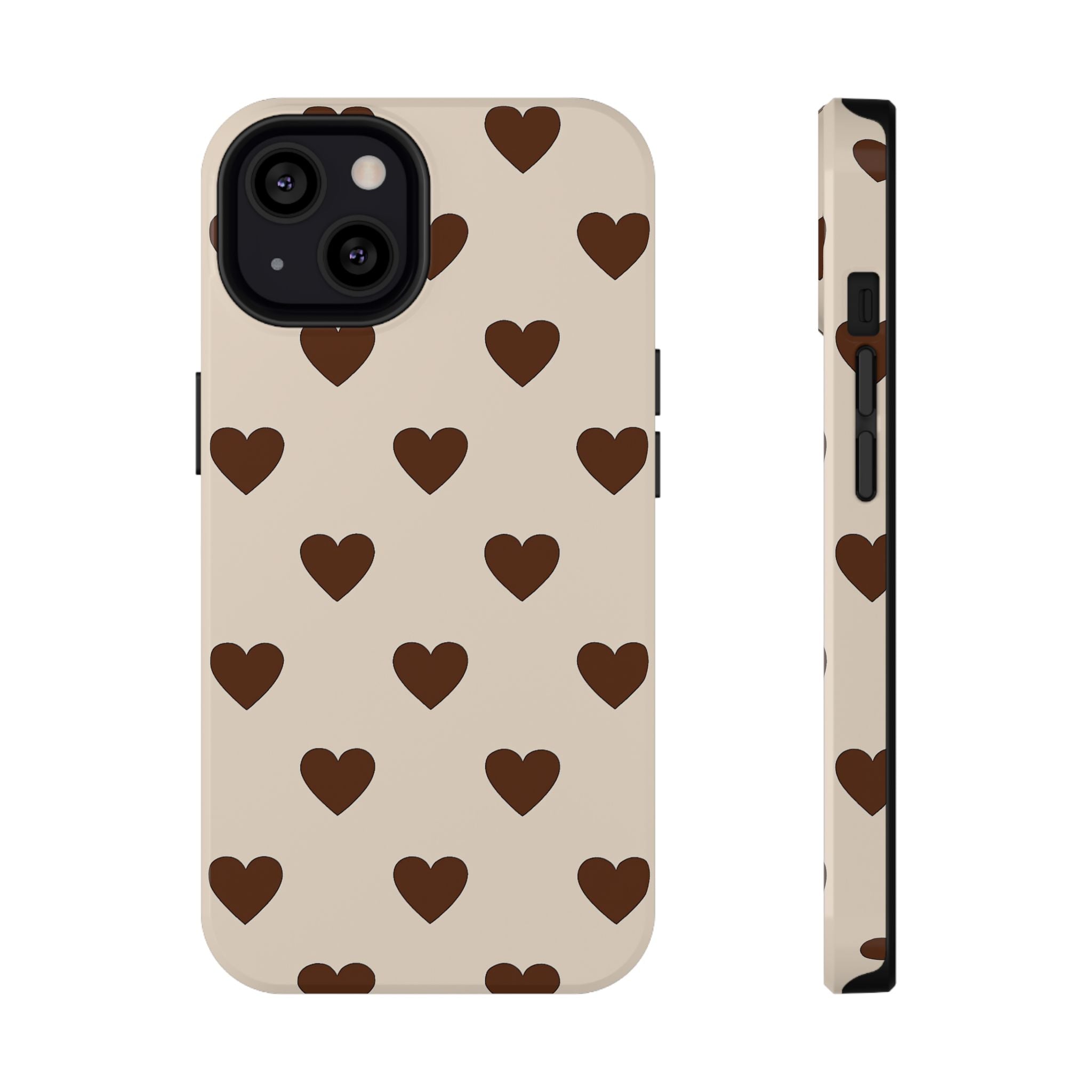 Impact-Resistant Phone Case — Brown Heart Pattern on Beige