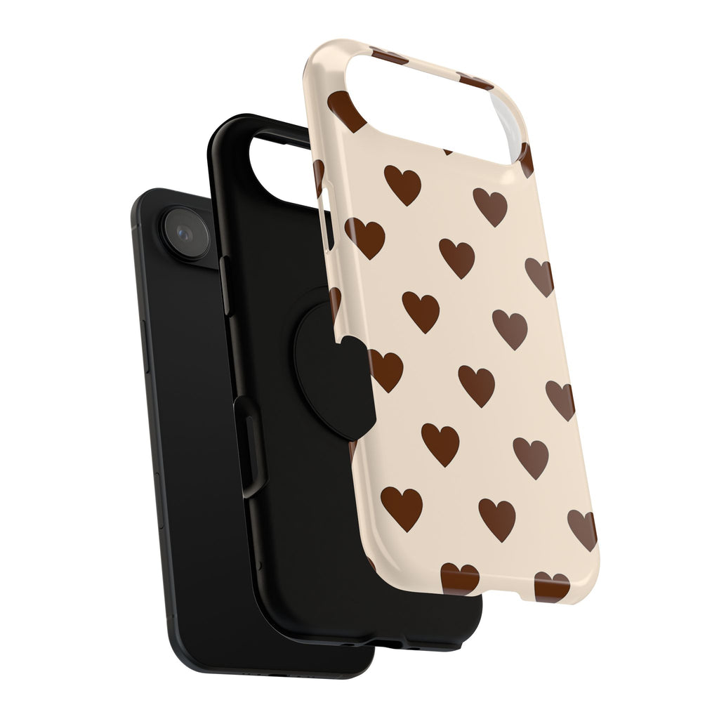 Impact-Resistant Phone Case — Brown Heart Pattern on Beige