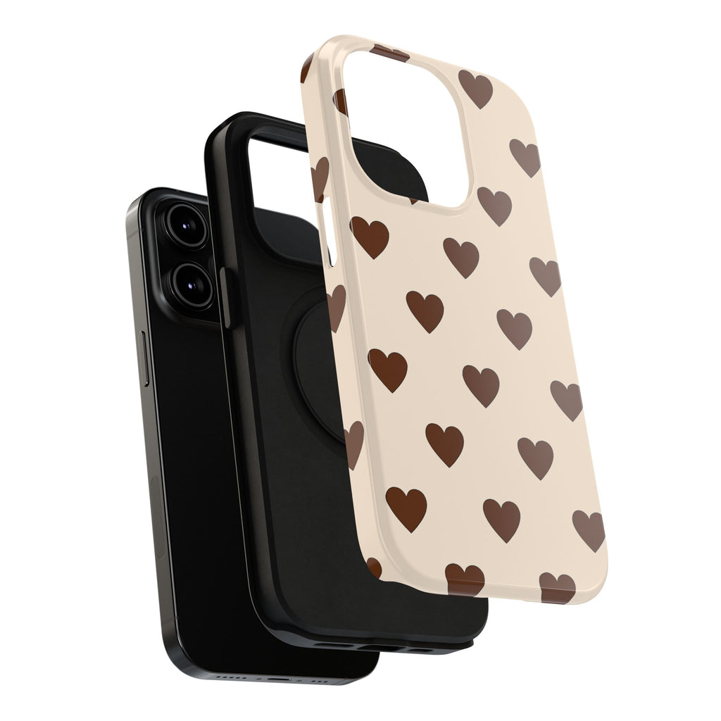 Impact-Resistant Phone Case — Brown Heart Pattern on Beige