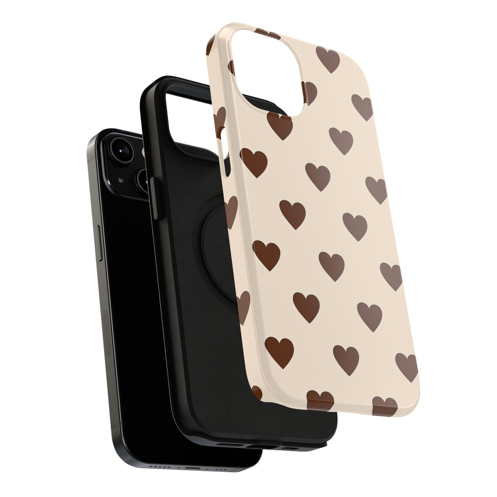 Impact-Resistant Phone Case — Brown Heart Pattern on Beige