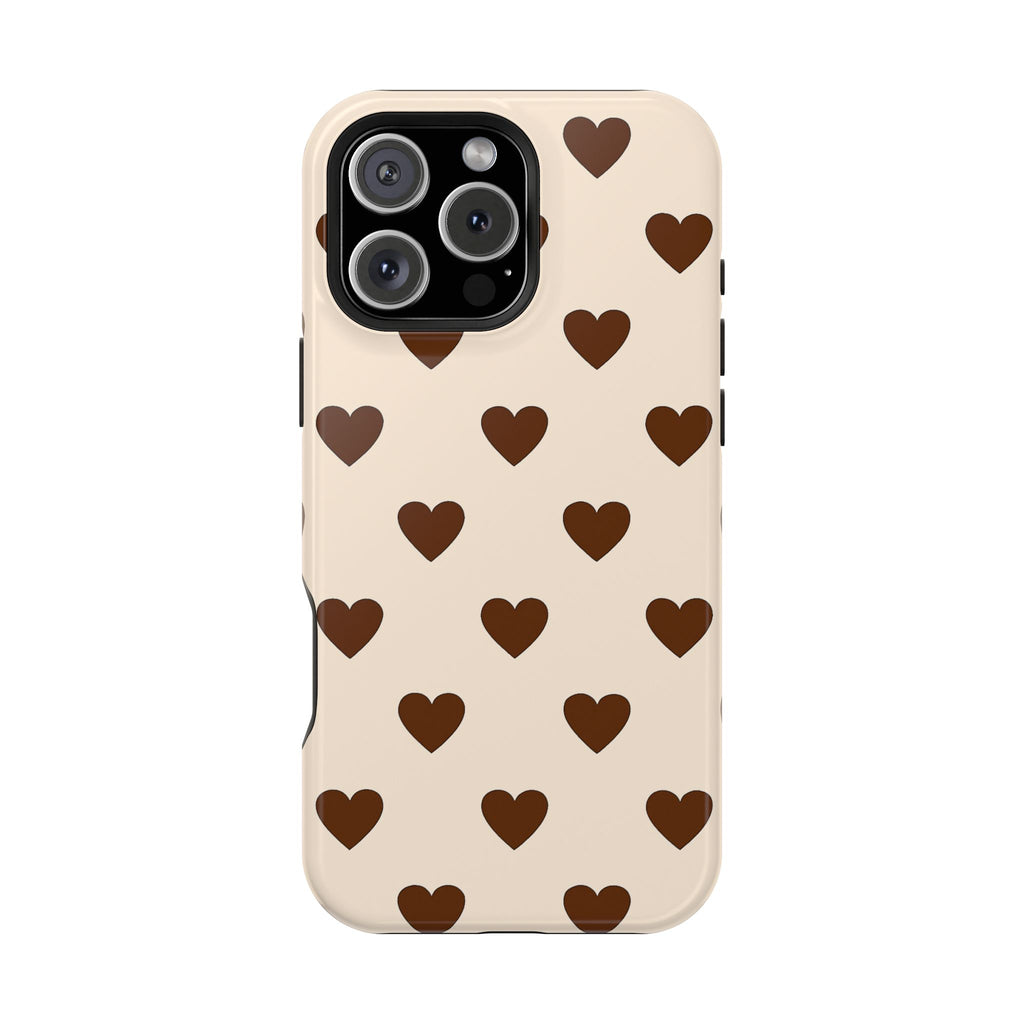 Impact-Resistant Phone Case — Brown Heart Pattern on Beige