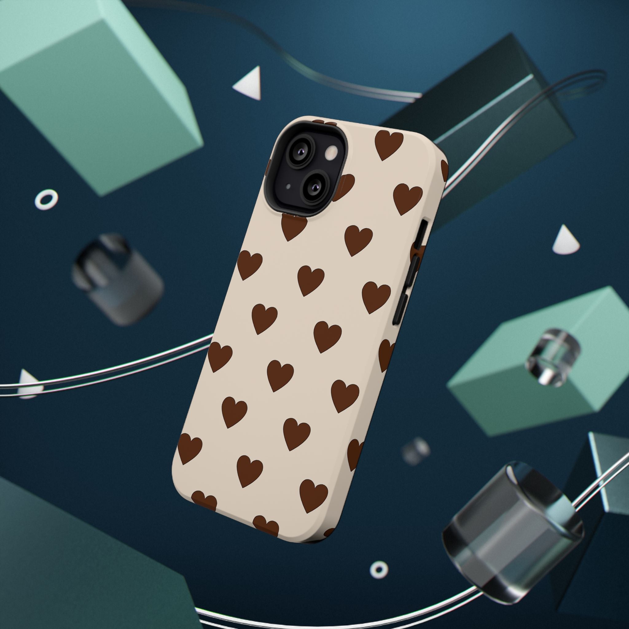 Impact-Resistant Phone Case — Brown Heart Pattern on Beige