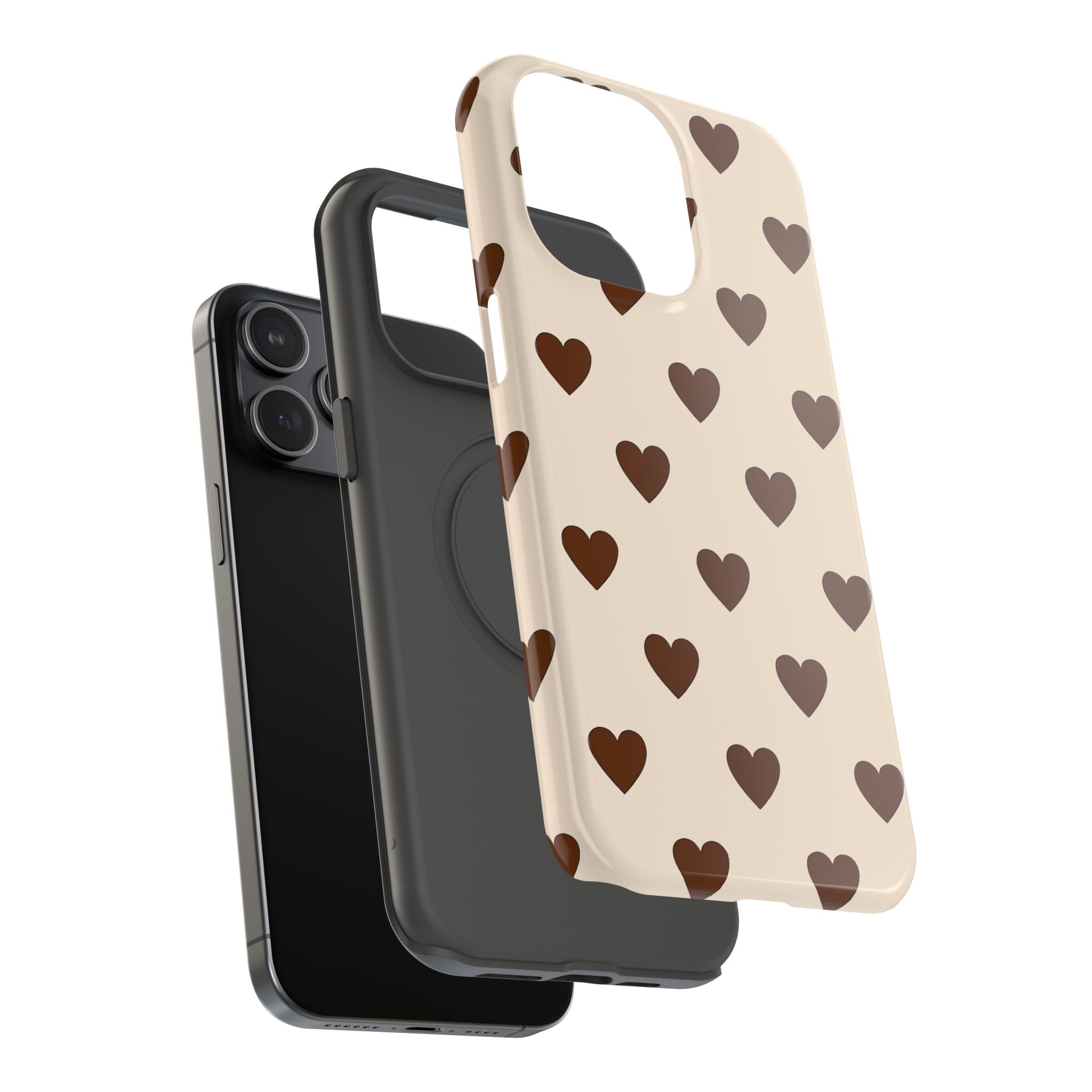 Impact-Resistant Phone Case — Brown Heart Pattern on Beige