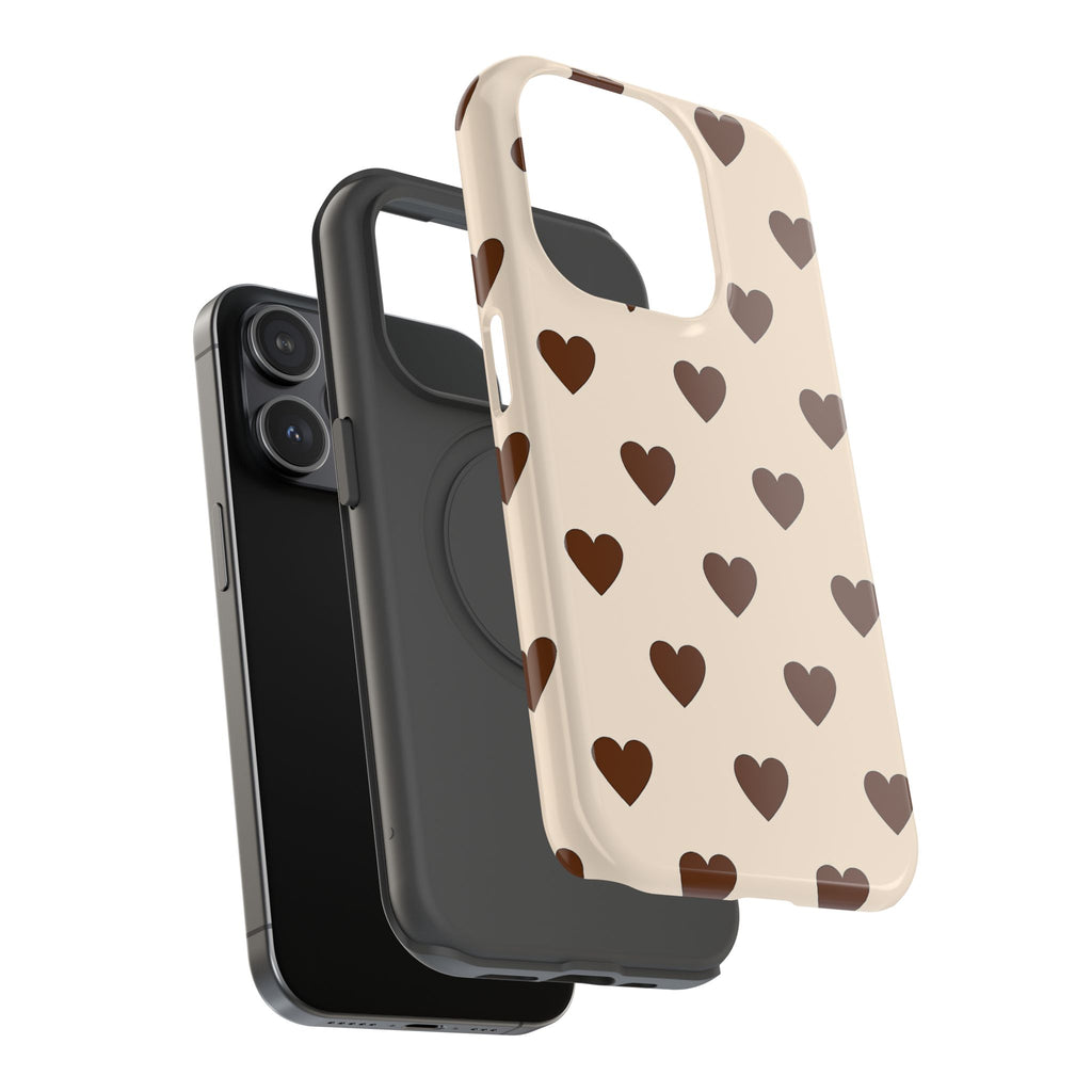 Impact-Resistant Phone Case — Brown Heart Pattern on Beige