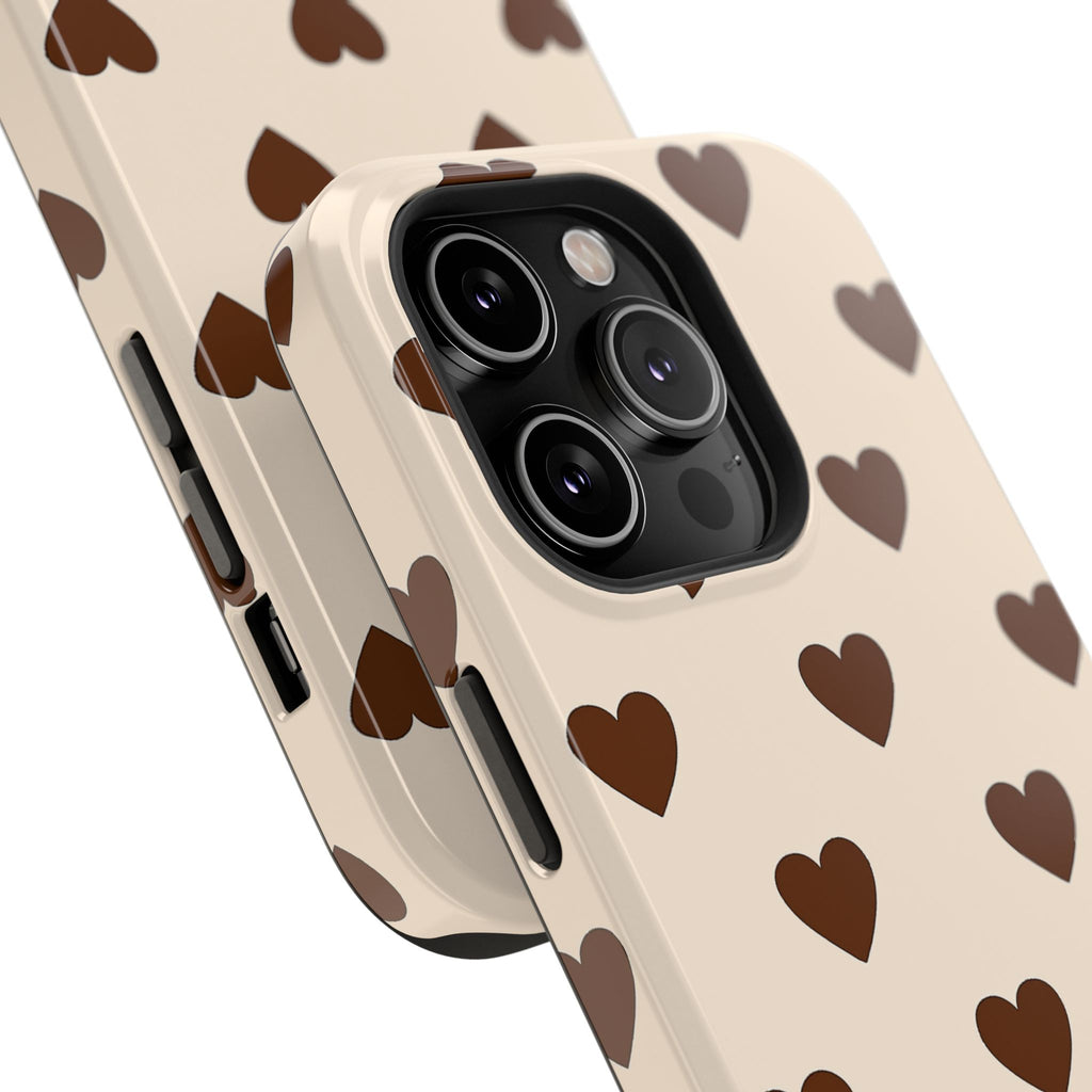 Impact-Resistant Phone Case — Brown Heart Pattern on Beige