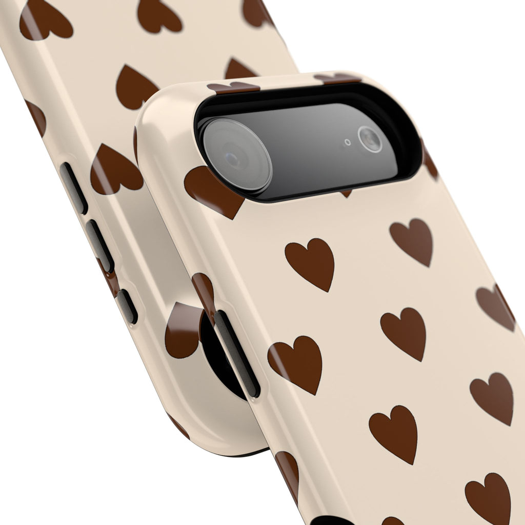 Impact-Resistant Phone Case — Brown Heart Pattern on Beige