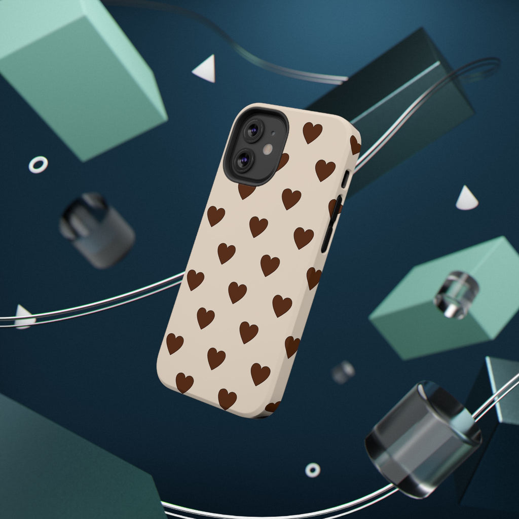Impact-Resistant Phone Case — Brown Heart Pattern on Beige
